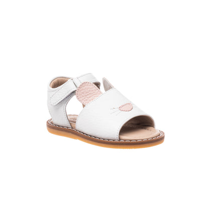 White toddler sandal with bunny ear detail, open toe, and tan sole stitching.