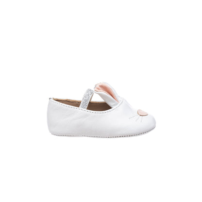 White infant slipper with bunny face and ears, elastic strap for secure fit.
