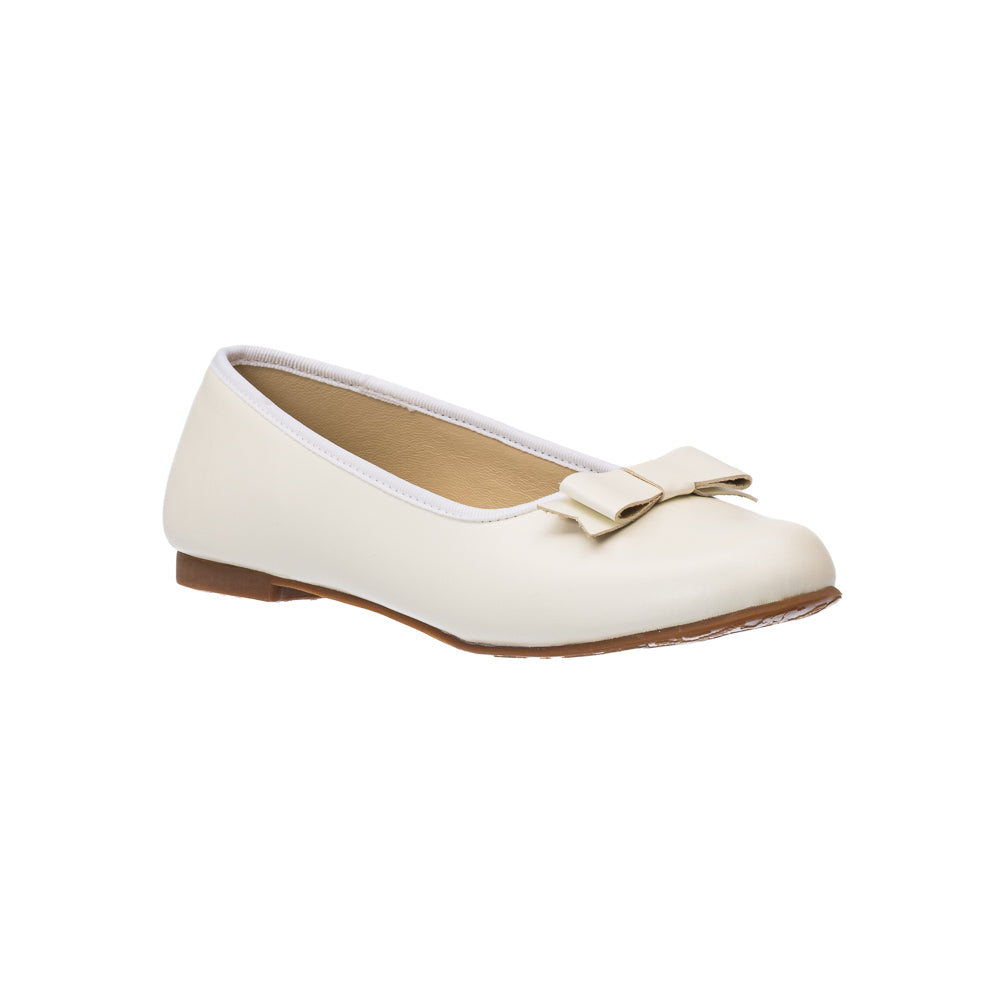 Elephantito - Bone-colored toddler flat with a subtle bow on the toe and a slim, flat sole.