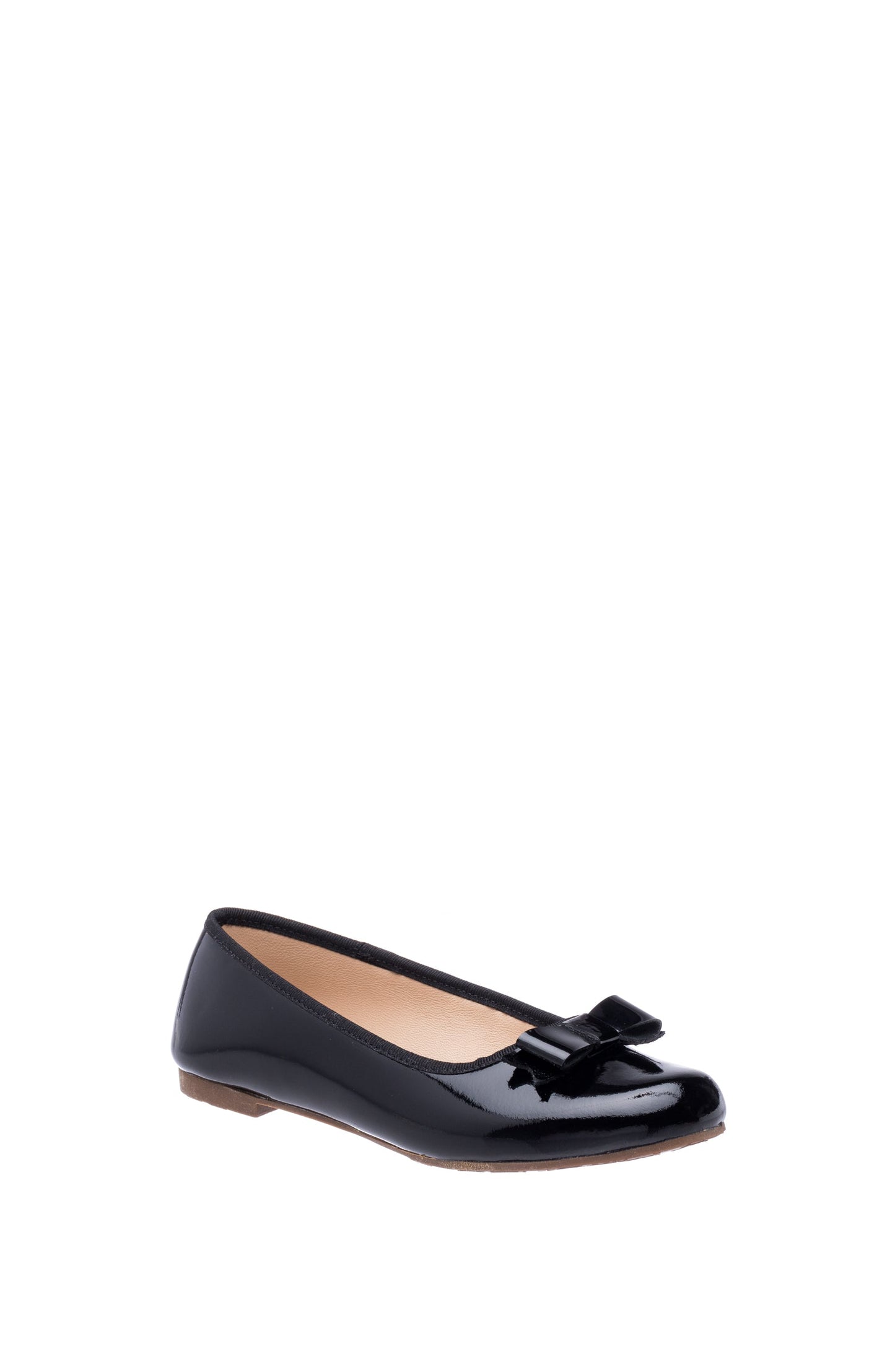 Black patent leather girls' ballet flat with decorative bow and tan interior lining.