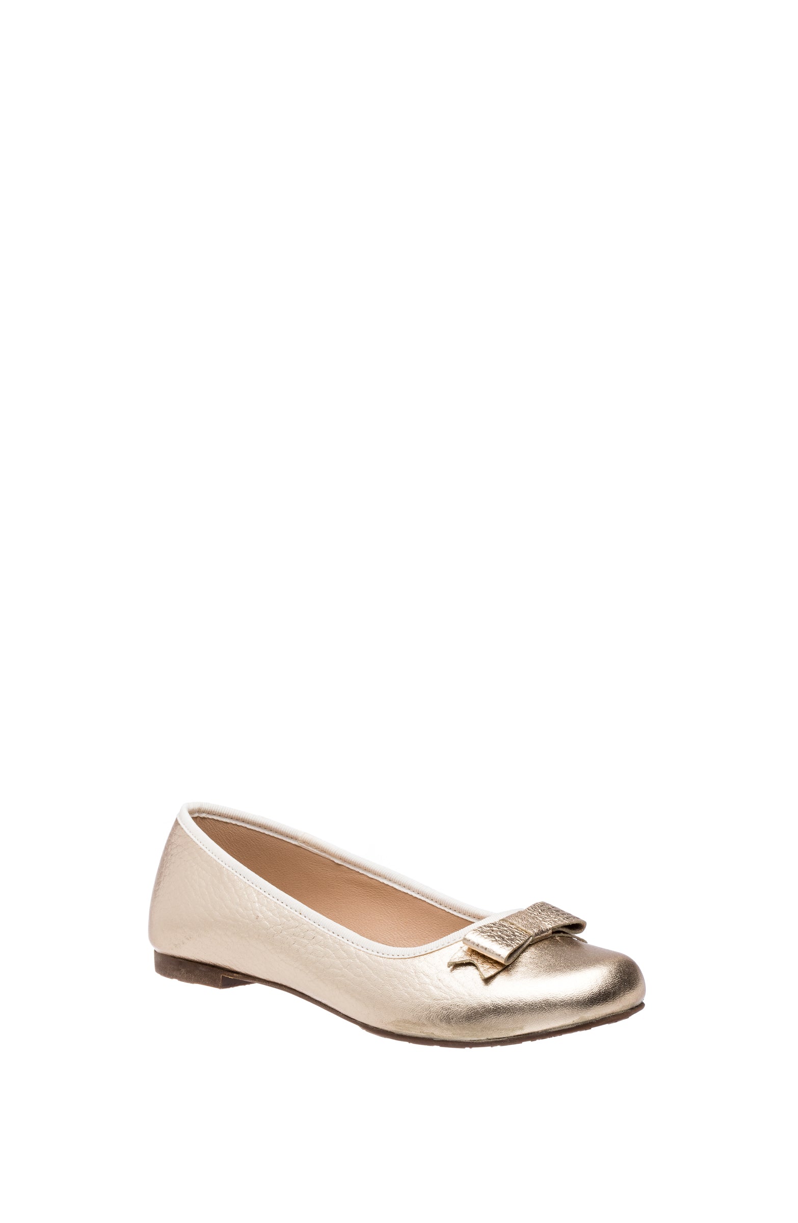 Gold metallic toddler flat with rounded toe and decorative bow on front.