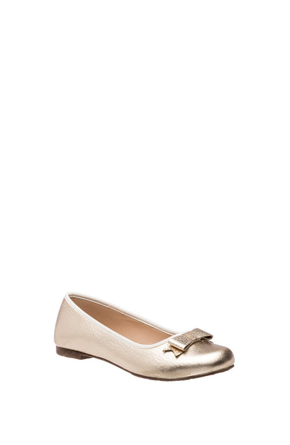 Gold metallic toddler flat with rounded toe and decorative bow on front.