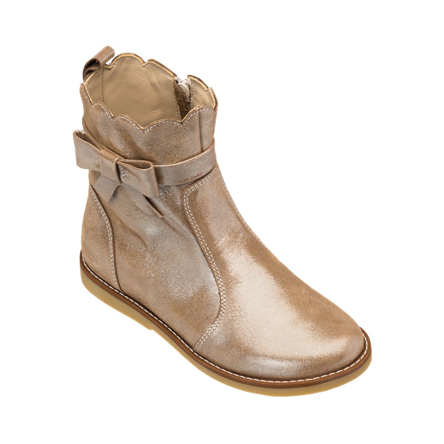 Blush pink toddler bootie with scalloped ankle trim and side bow detail, smooth leather finish.