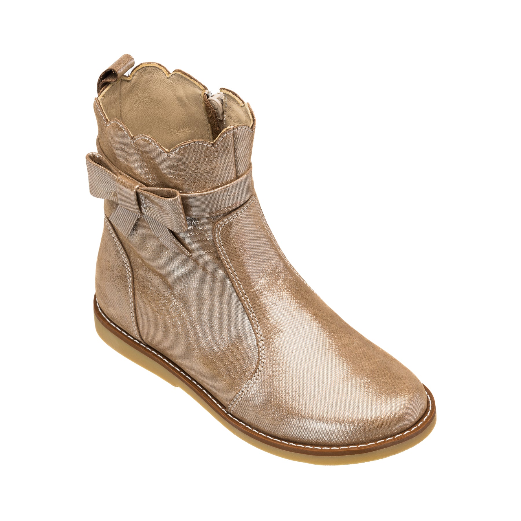 Blush pink toddler bootie with scalloped ankle trim and side bow detail, smooth leather finish.