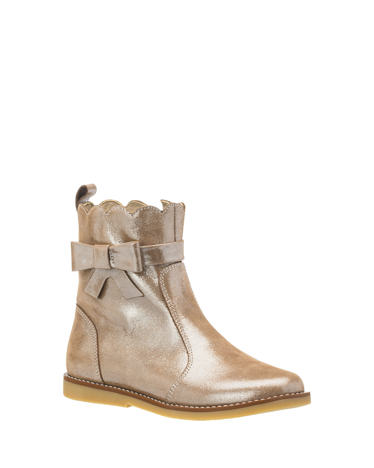 Blush pink toddler bootie with scalloped top edge, bow detail, and flat rubber sole.