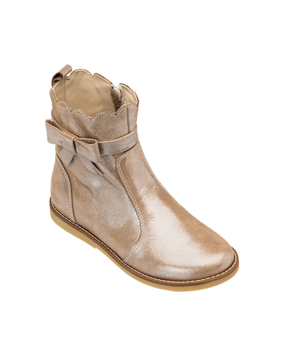 Blush metallic leather toddler bootie with scalloped ankle and side zipper.