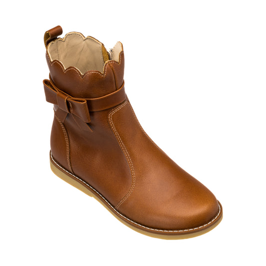 Elephantito - Brown leather toddler bootie with scalloped top edge and side strap buckle detail.