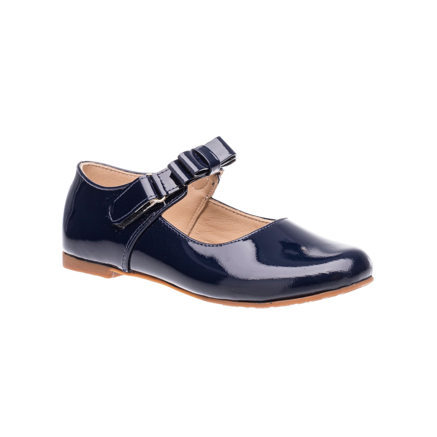 Glossy navy blue patent leather Mary Jane shoe with velcro strap and decorative bow for girls.