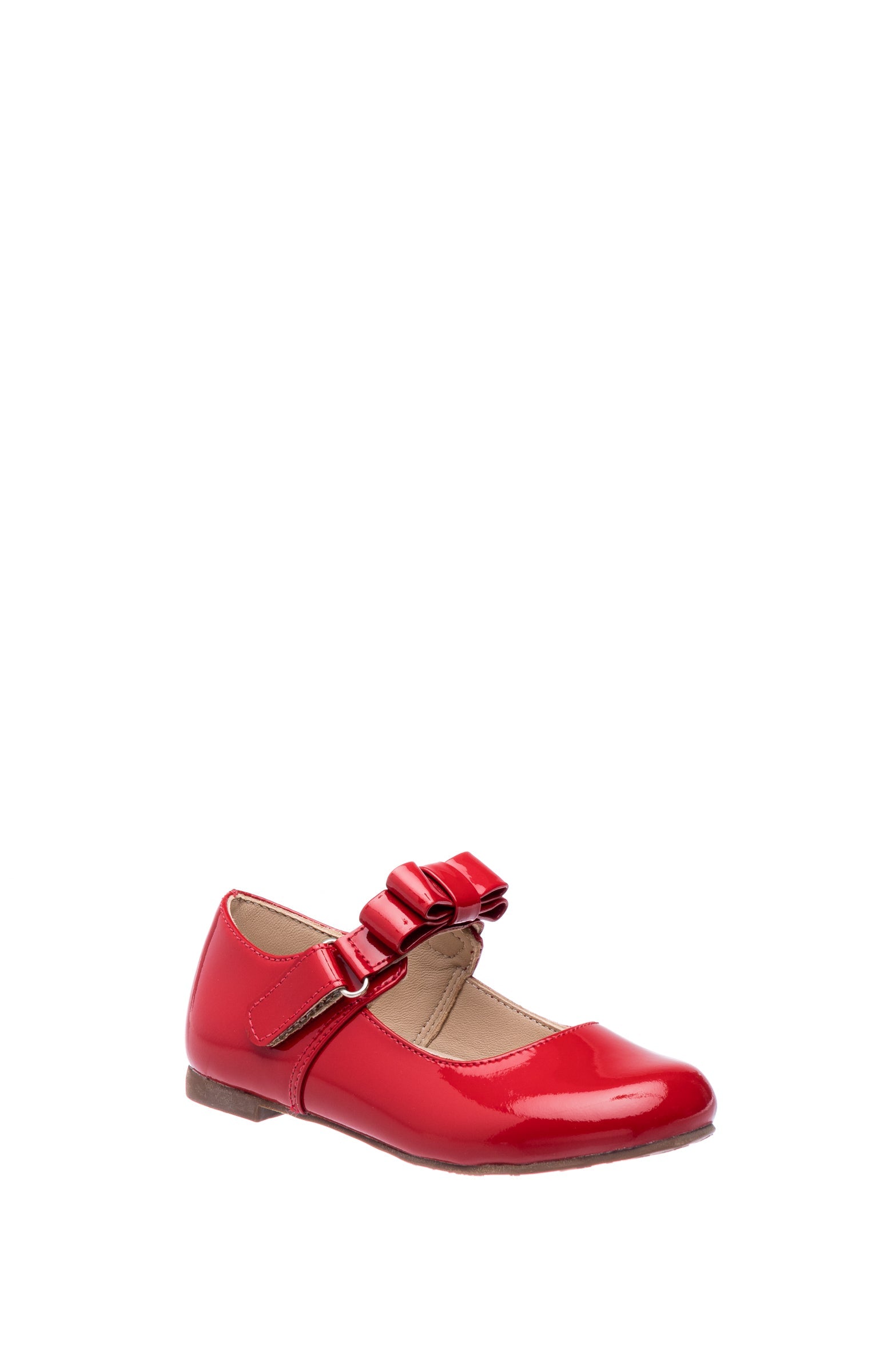 Red patent leather girls Mary Jane shoe with ruffled strap and rounded toe.