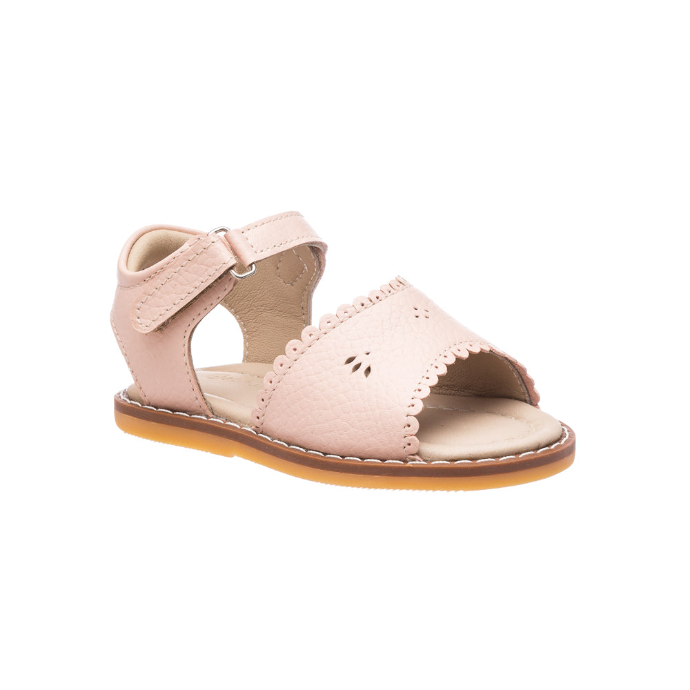 Pink toddler sandal with scalloped leather straps and hook-and-loop ankle closure.