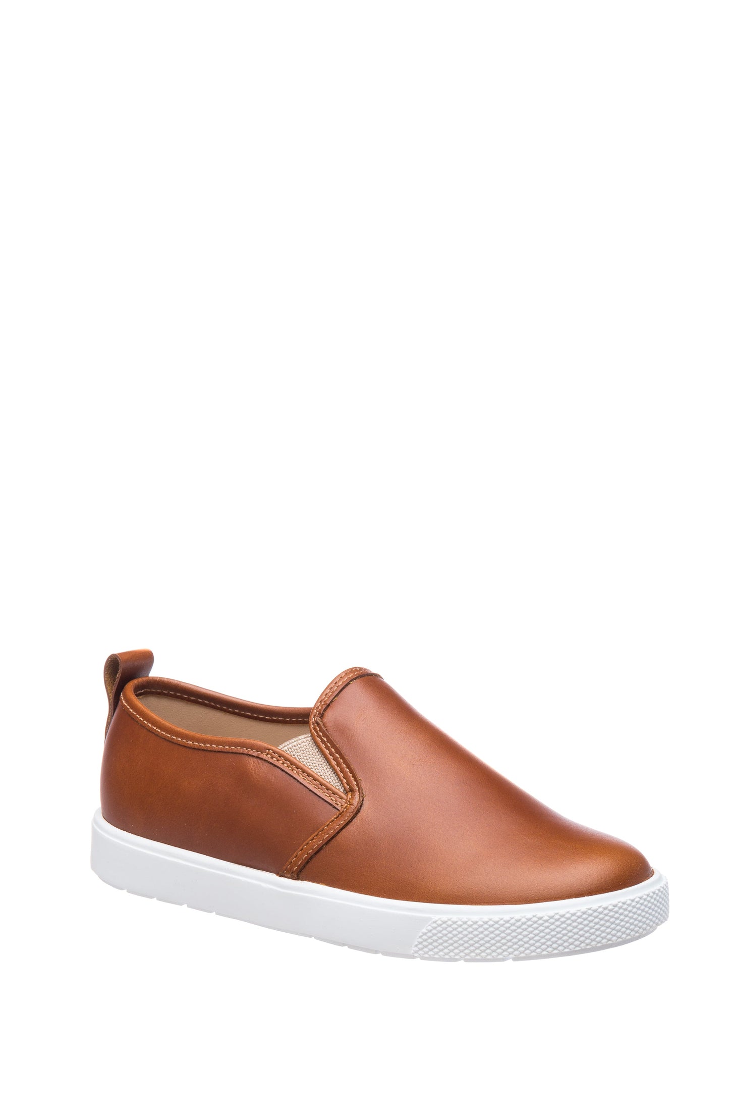 Natural brown leather slip-on shoe for kids with white rubber sole and pull tab at heel.