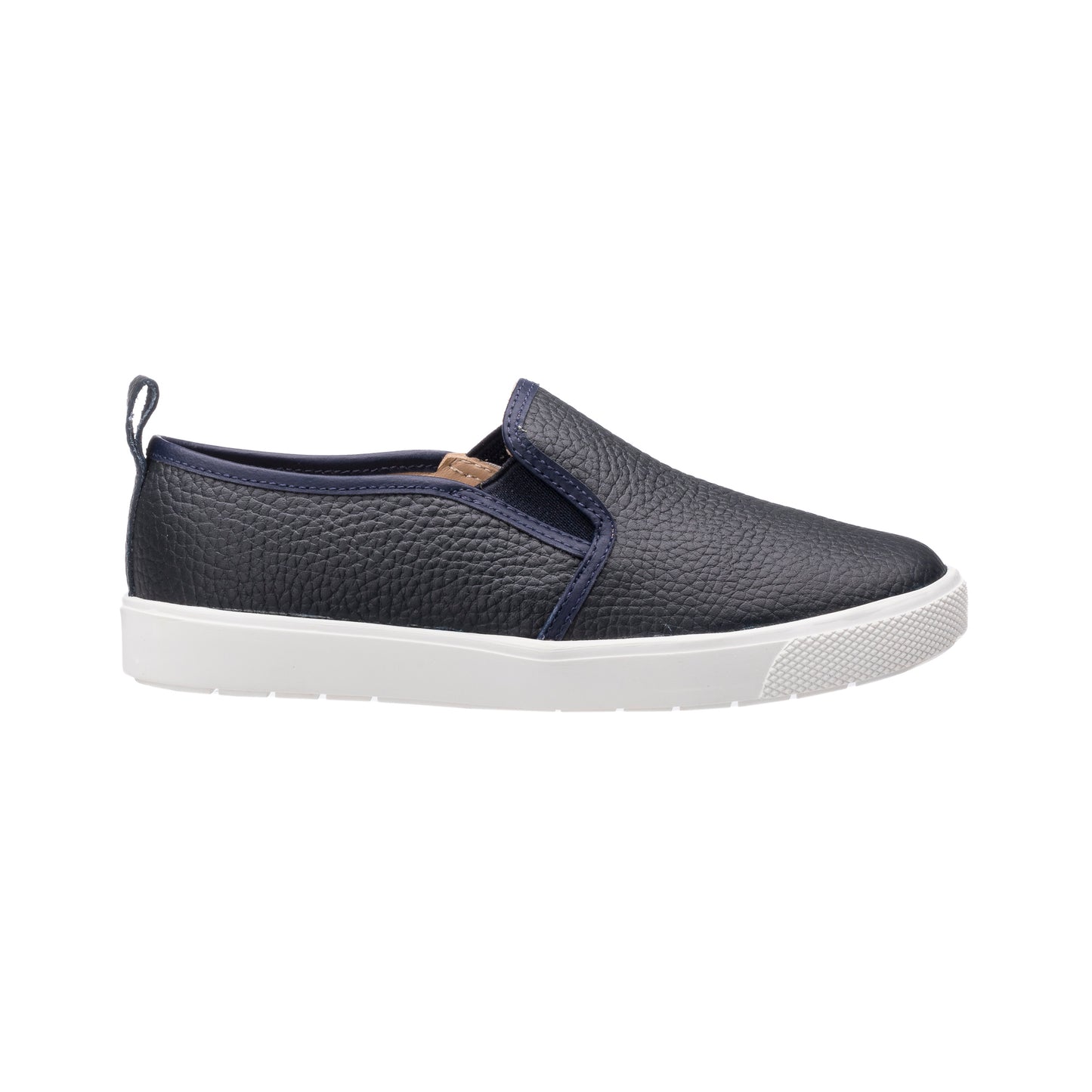 Navy blue textured slip-on shoe with white rubber sole and pull tab on heel.