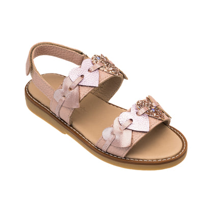 Pink toddler sandal with ankle strap, braided front straps, and decorative butterfly embellishment.