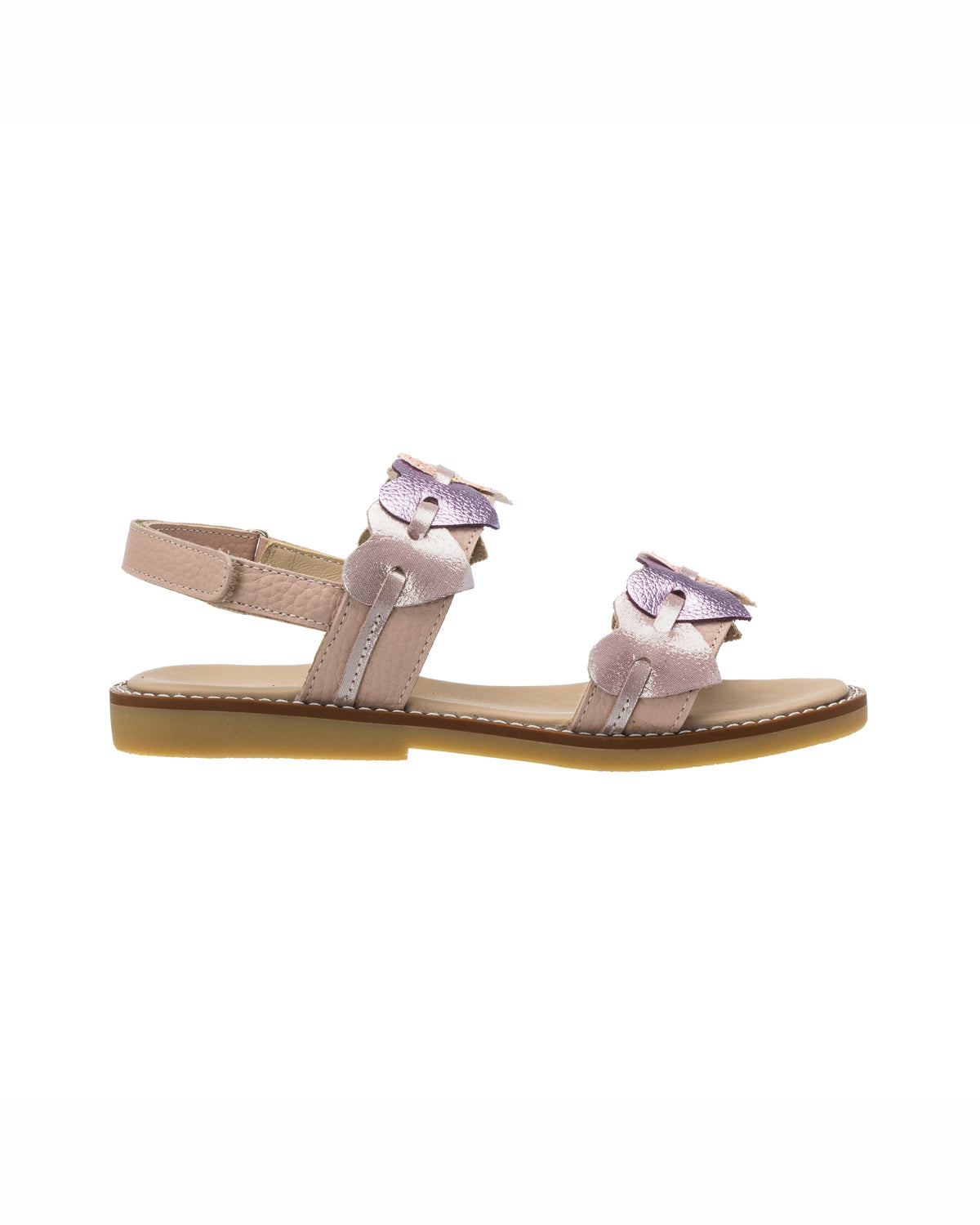 Pink toddler sandal with two adjustable straps adorned with purple fabric bows and a flat sole.