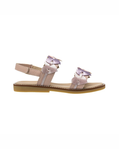 Pink toddler sandal with two adjustable straps adorned with purple fabric bows and a flat sole.