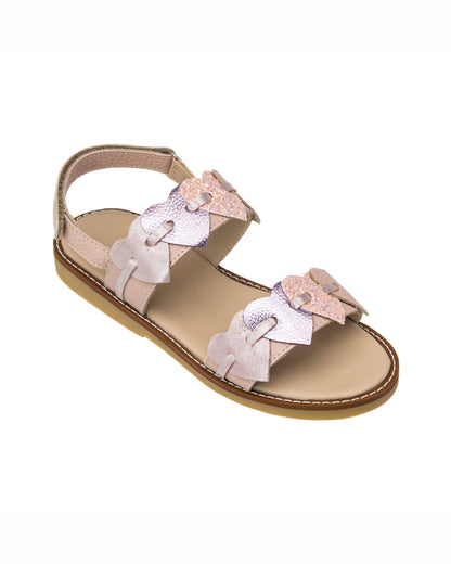 Pink toddler sandal with two butterfly-embellished straps and an ankle strap closure.