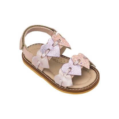 Pink toddler sandal with three floral straps and a velcro ankle closure.