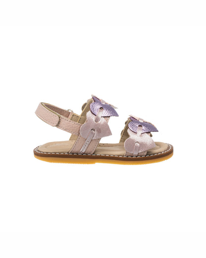Pink toddler sandal with butterfly-shaped decorations and adjustable ankle strap.