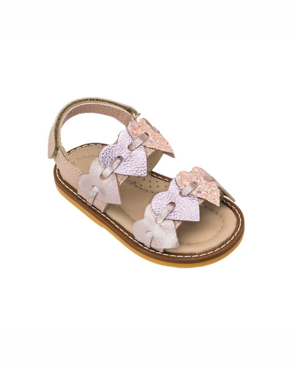 Pink toddler sandal with heart-shaped glittery bows and beige sole.