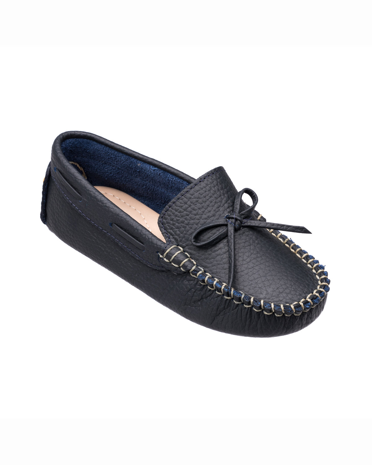 Navy blue boys' driver loafer with moccasin stitching and leather bow detail.