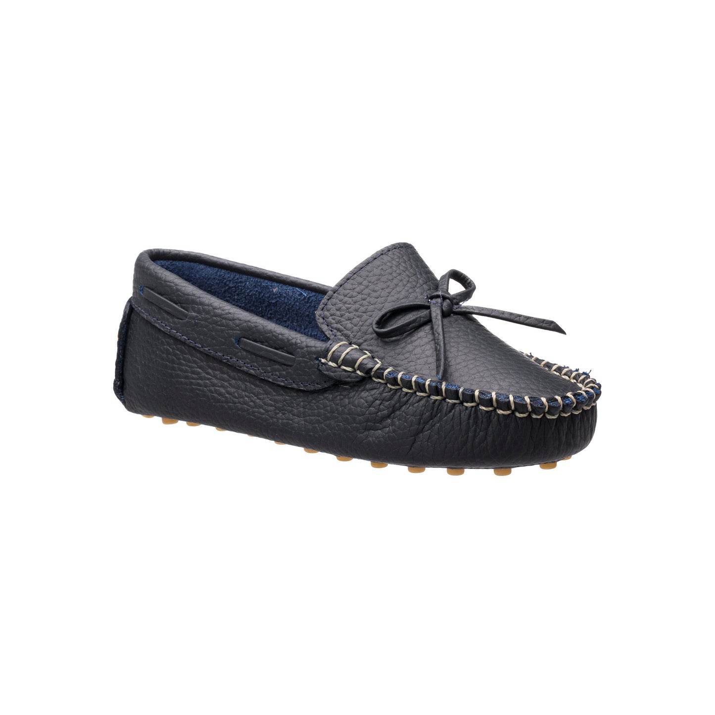 Navy blue leather boys' driver loafer with moccasin stitching and lace detail.