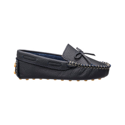 Navy blue leather boys driver loafer with moccasin stitching and bow detail.