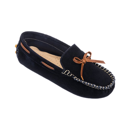 Elephantito - Navy blue suede driver loafer with tan leather lace and moccasin stitching detail.