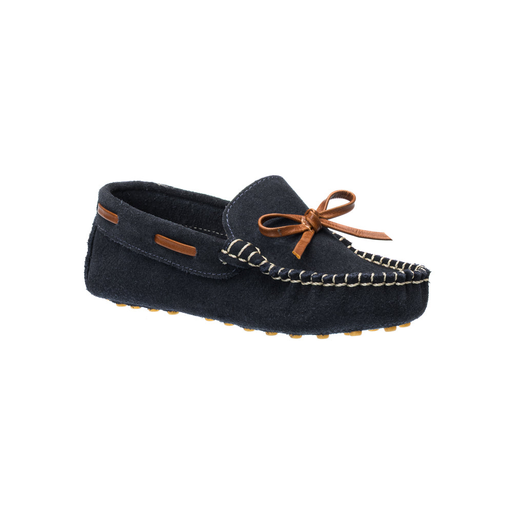 Elephantito - Blue suede boys' driver loafer with brown leather lace and rubber sole studs.