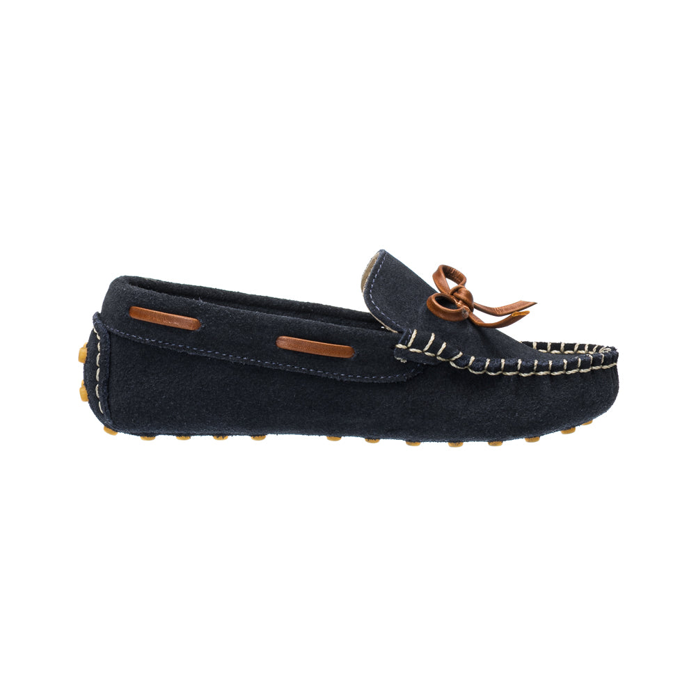 Elephantito - Navy blue suede driver loafer for boys with contrast white stitching and brown leather lace detail.