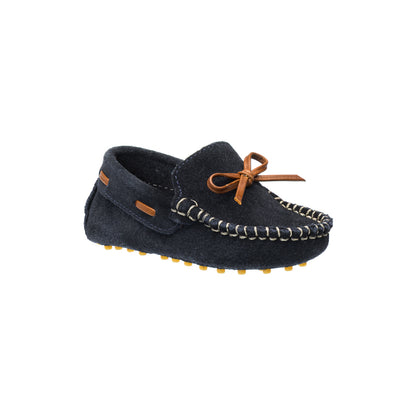 Elephantito - Blue suede toddler loafers with moccasin stitching and brown leather bow accents.
