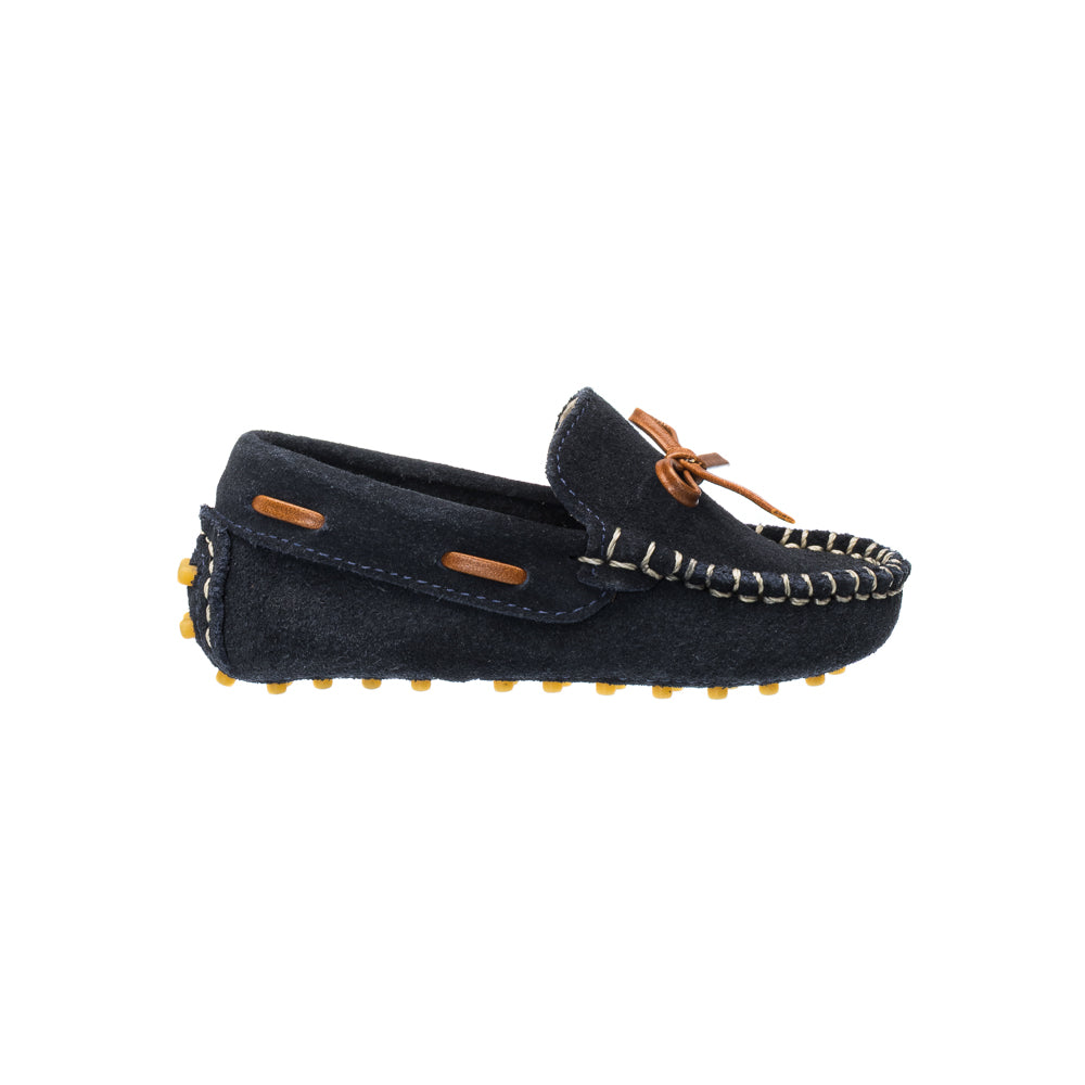 Elephantito - Navy blue suede toddler driver loafer with brown leather lace detail and rubber pebble sole.