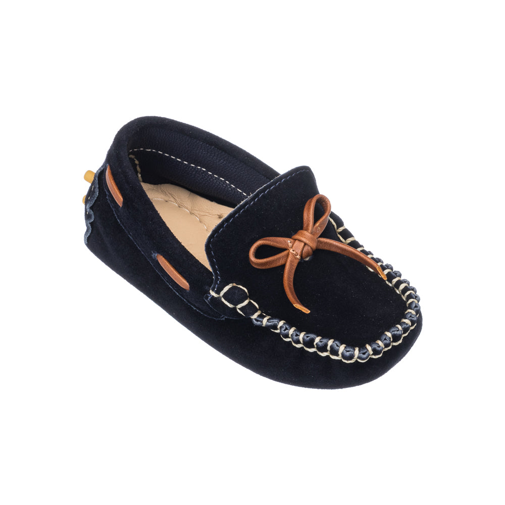 Elephantito - Navy blue suede toddler loafer with brown leather bow and contrast white stitching.