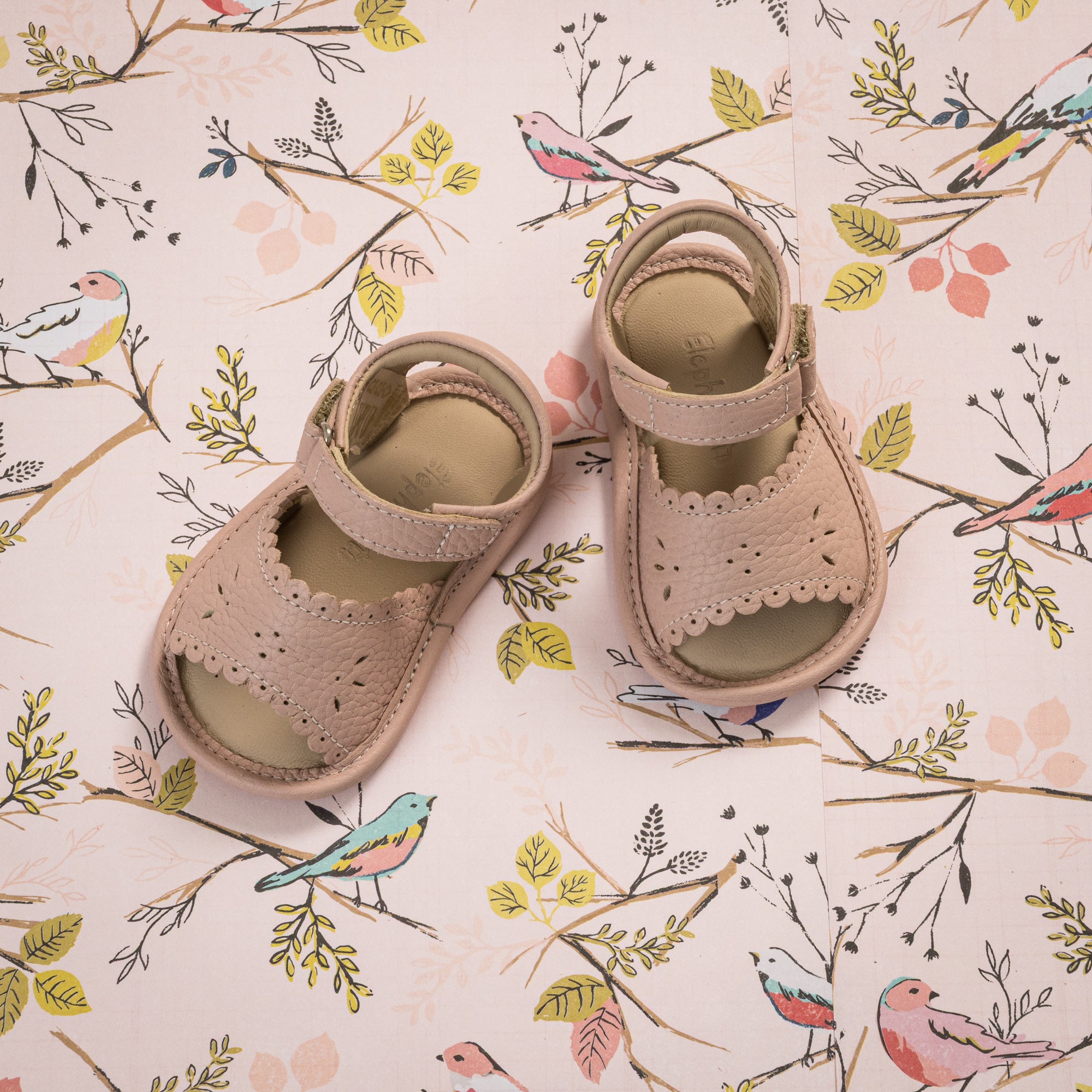 Pink toddler sandals with scalloped edges and adjustable Velcro straps on floral background.