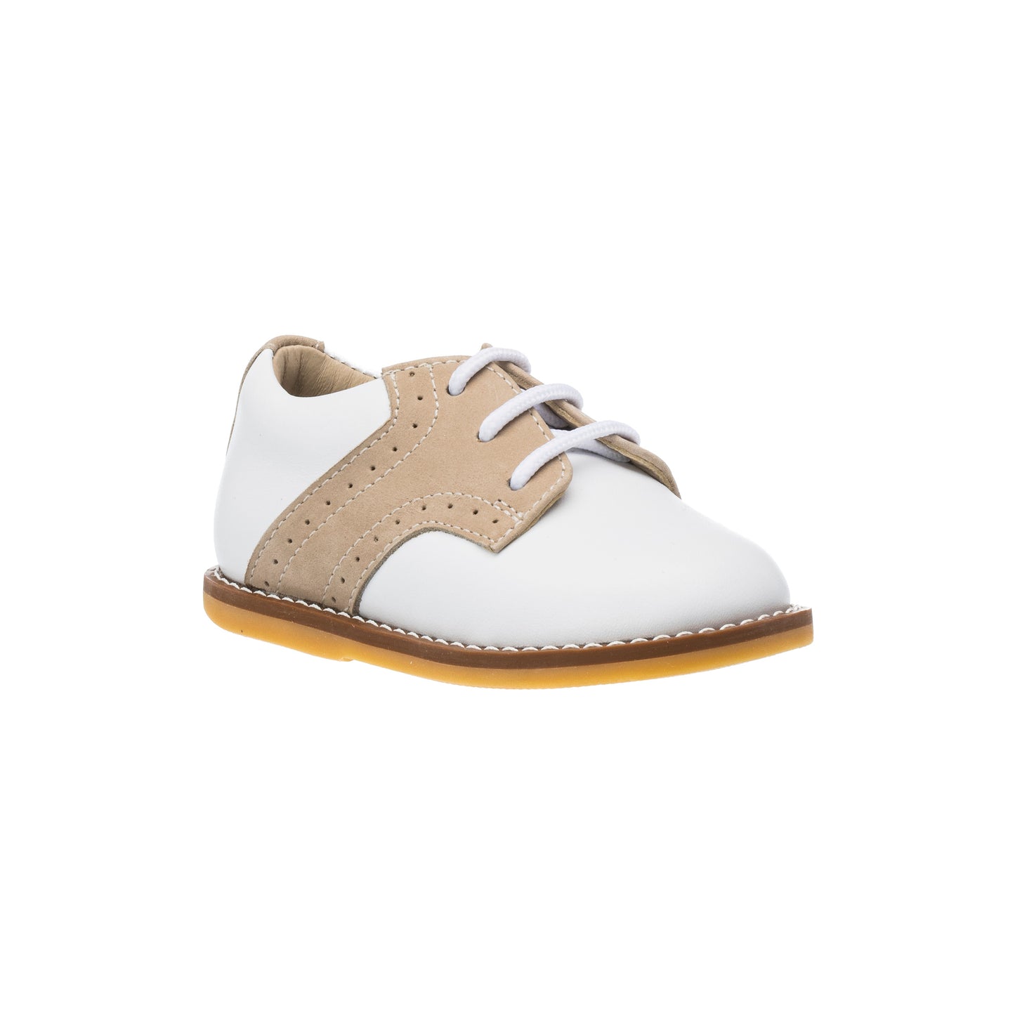 White toddler boys' slip-on shoe with beige suede accents and lace-up detail, tan sole.