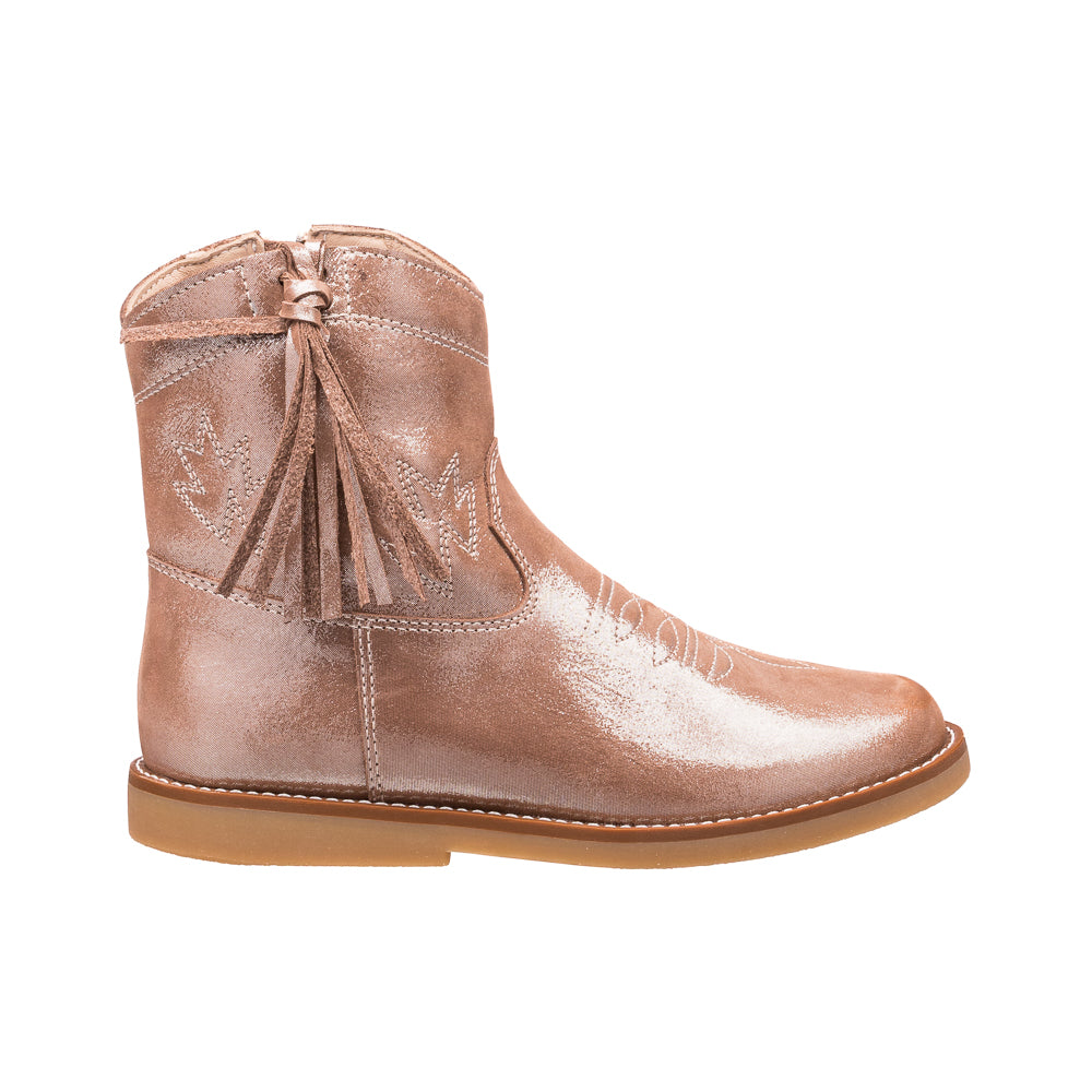 Metallic blush suede toddler boot with side tassels and stitched detailing on tan sole.