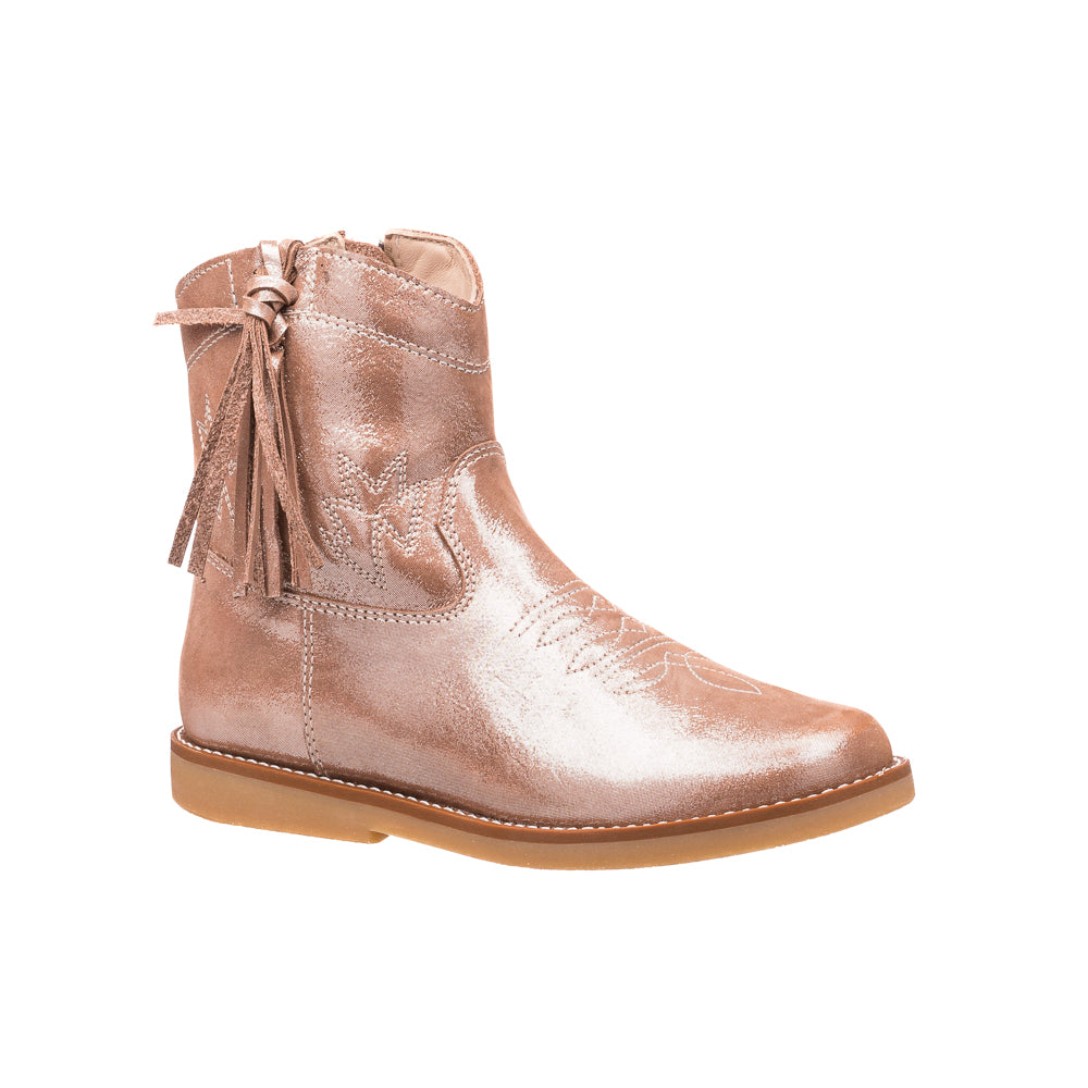 Metallic blush pink suede toddler boot with side tassel and low heel.