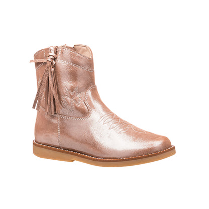 Metallic blush pink suede toddler boot with side tassel and low heel.