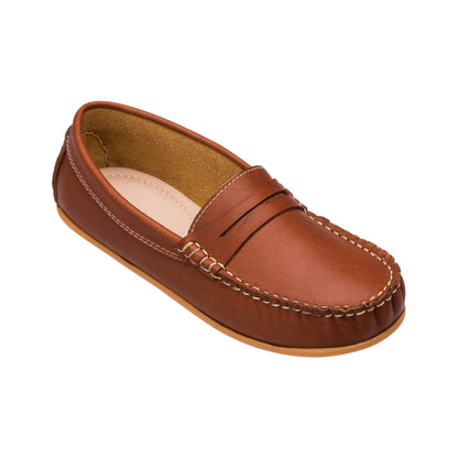 Brown leather toddler moccasin with stitched details and classic saddle design.