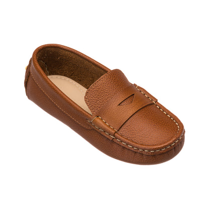 Tan leather children’s driver loafer with moccasin toe and penny slot detail.