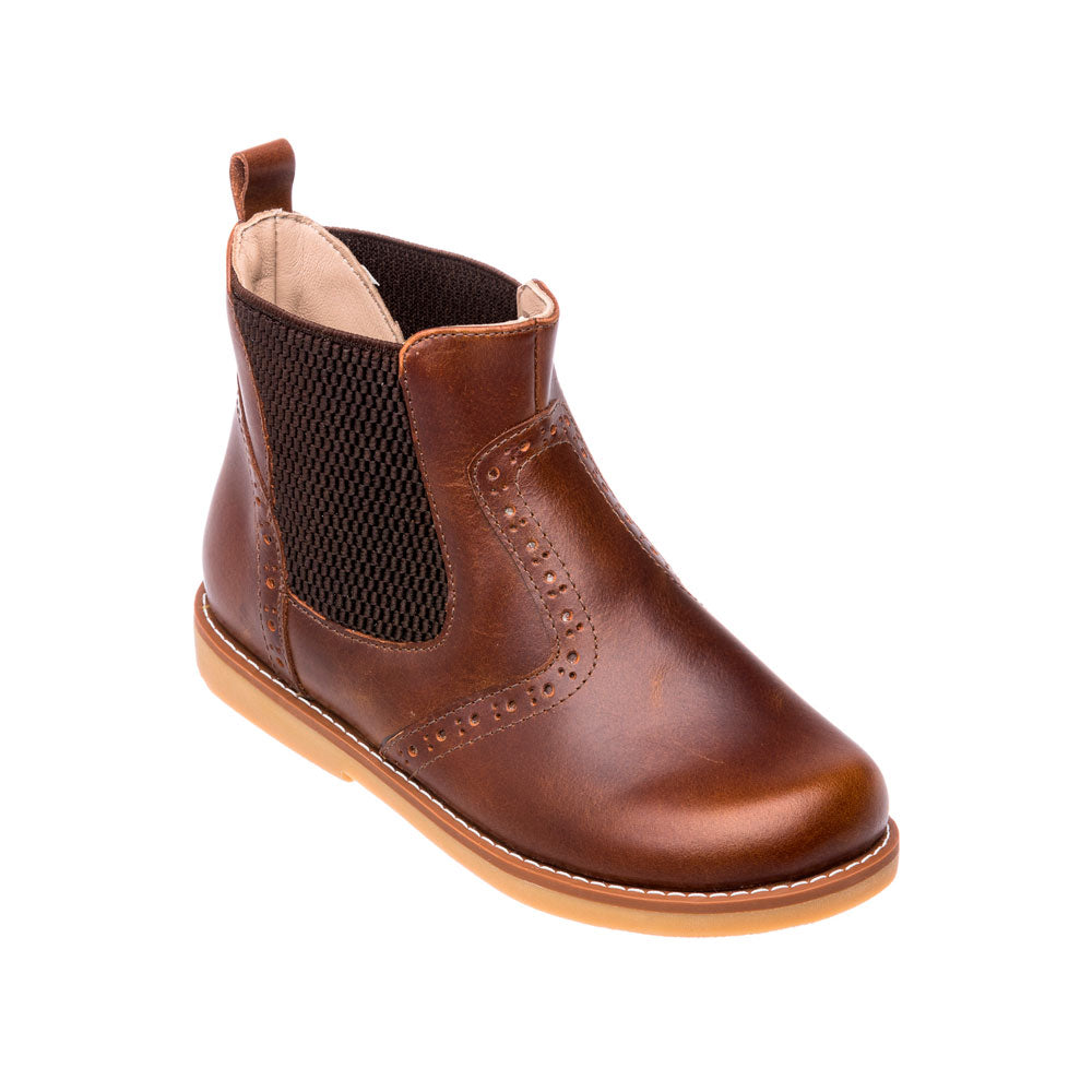 Brown leather toddler bootie with elastic side panels and pull tab on back.