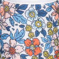 Elephantito - Close-up of floral linen fabric with blue, orange, yellow, and white flowers on a white background.