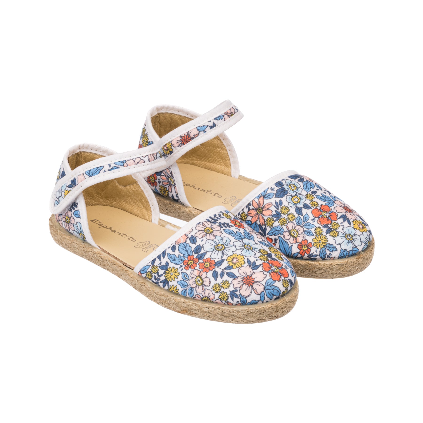 Elephantito - Children’s linen espadrille sandals with blue, orange, and yellow floral print and ankle strap.