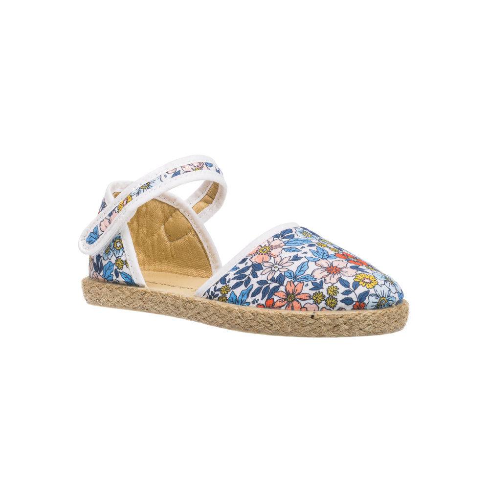 Elephantito - Kids' floral linen espadrille sandal with ankle strap and jute sole.