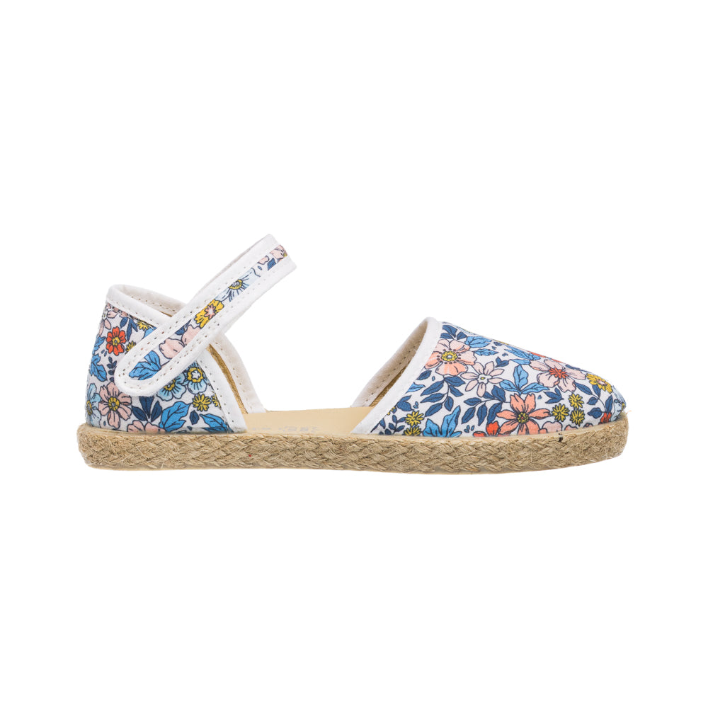 Elephantito - Girls floral linen espadrille sandal with ankle strap and jute sole.