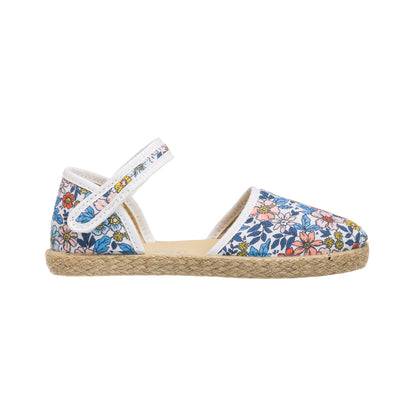 Elephantito - Girls floral linen espadrille sandal with ankle strap and jute sole.