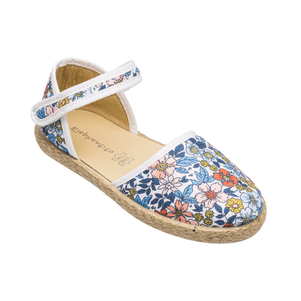 Elephantito - Girls floral linen espadrille sandal with ankle strap and jute sole.