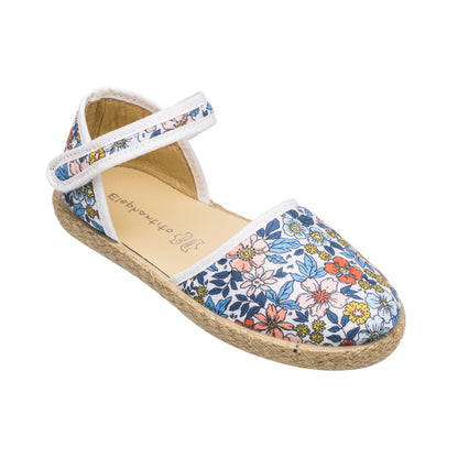 Elephantito - Girls floral linen espadrille sandal with ankle strap and jute sole.