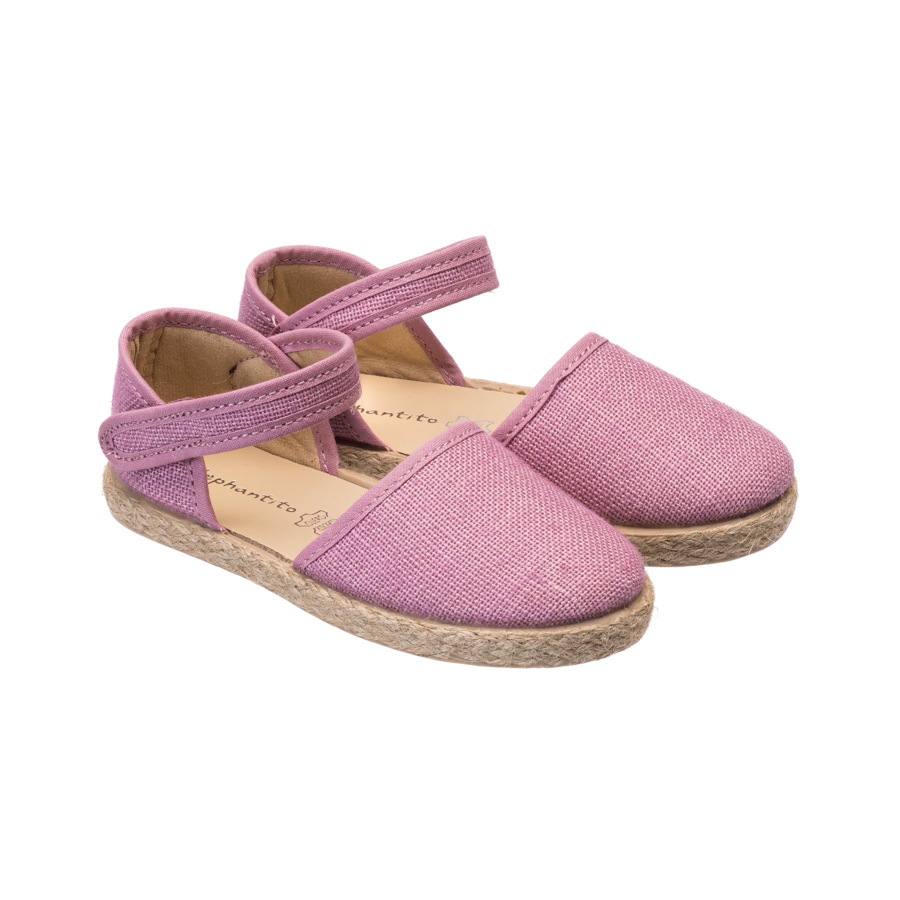 Elephantito - Mauve linen espadrille sandals with ankle strap and braided jute sole for girls.