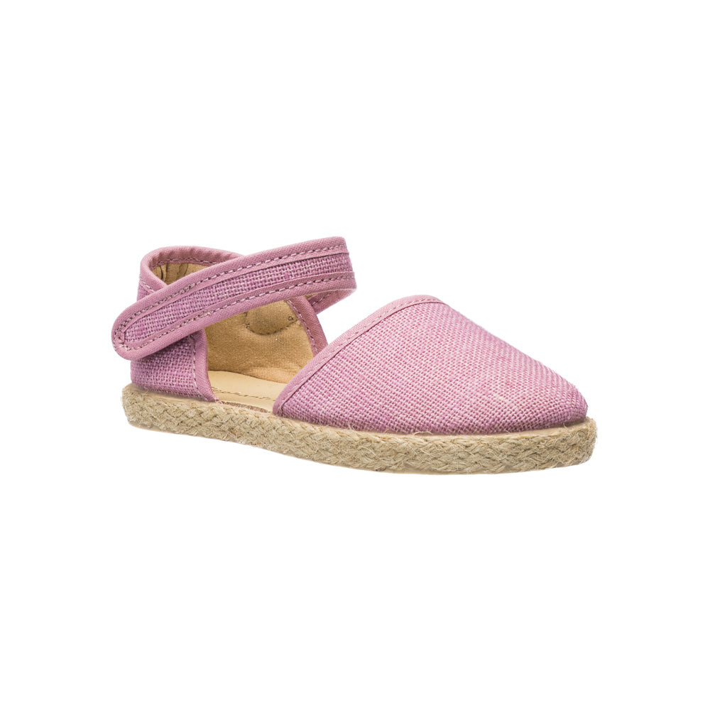 Elephantito - Mauve linen espadrille sandal for toddlers with adjustable ankle strap and woven jute sole.