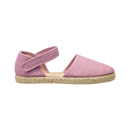 Elephantito - Mauve linen espadrille sandal for girls with adjustable ankle strap and jute sole.